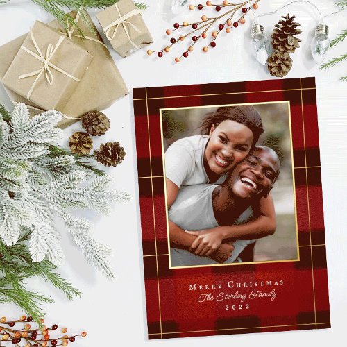 Gold Foil  Red Plaid Holiday Photo Card