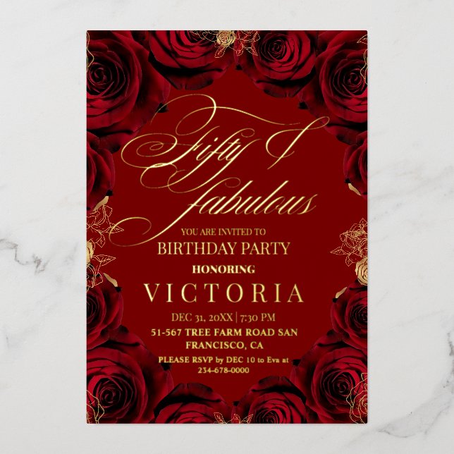 Gold Foil & Red Rose 50th & fabulous Birthday Foil Invitation (Front)
