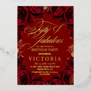 Gold Foil & Red Rose 50th & fabulous Birthday Invitation