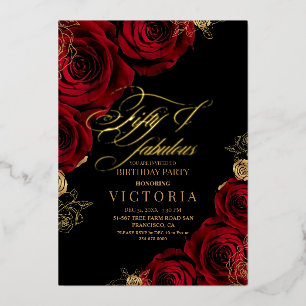 Gold Foil Red Rose Floral Fifty 50th Birthday Foil Invitation