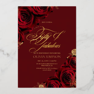 Gold Foil Red Rose Floral Fifty 50th Birthday  Invitation