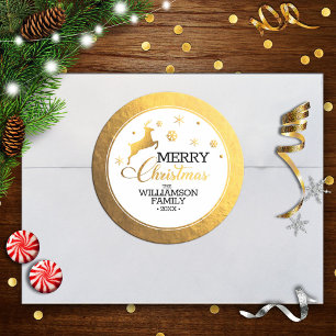 Gold Foil Reindeer Merry Christmas Classic Round Sticker