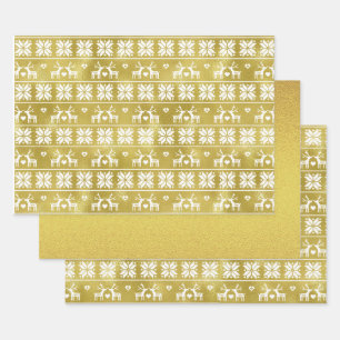Gold Foil Reindeer Snowflake Pattern and Gold Foil Wrapping Paper Sheets