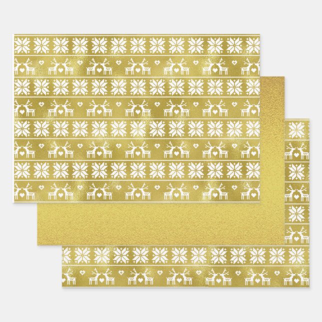 Gold Foil Reindeer Snowflake Pattern and Gold Foil Wrapping Paper Sheets (Set)