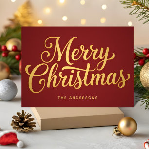 Gold Foil Retro Script Merry Christmas Holiday Card