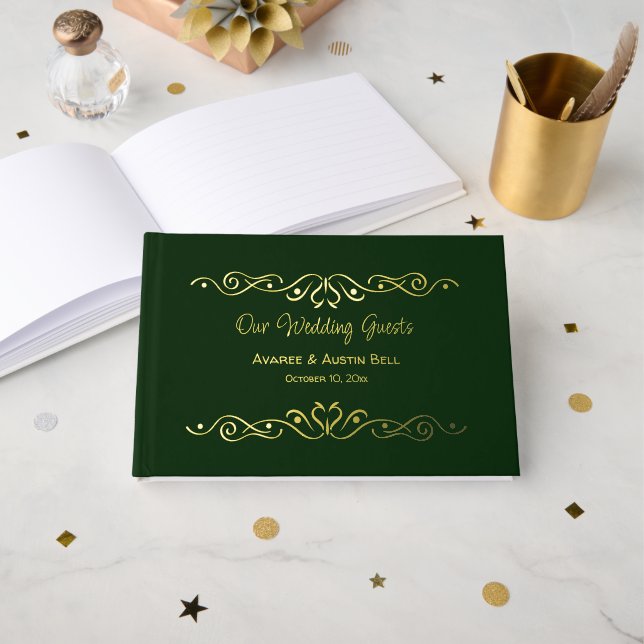Gold Foil Rich Green Wedding  Foil Guest Book (Front Open)