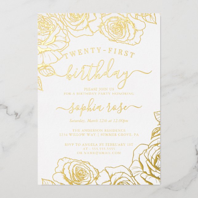 Gold Foil Rose 21st Birthday  Invitation (Front)
