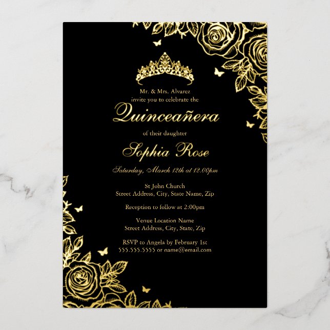 Gold Foil Rose Black Quinceanera Birthday  Foil Invitation (Front)