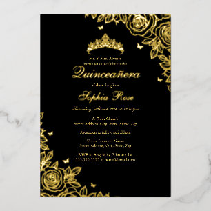 Gold Foil Rose Black Quinceanera Birthday  Invitation