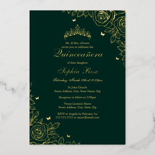 Gold Foil Rose Emerald Quinceanera Birthday  Foil Invitation