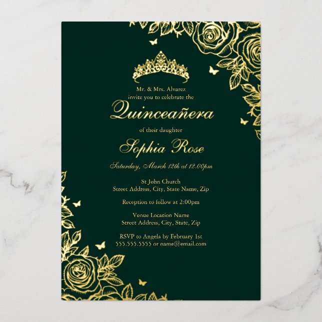 Gold Foil Rose Emerald Quinceanera Birthday  Foil Invitation (Front)
