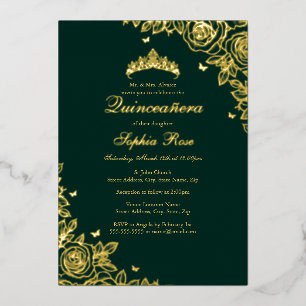 Gold Foil Rose Emerald Quinceanera Birthday  Invitation