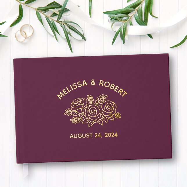 Gold Foil Rose Flowers on Burgundy Wedding Foil Guest Book (Creator Uploaded)
