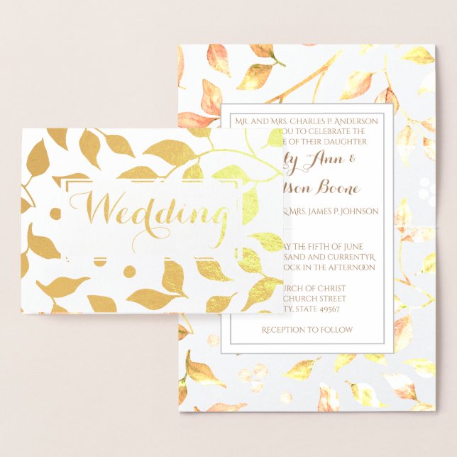 Gold Foil Rose Leaf Typography Wedding Invitation (Display)
