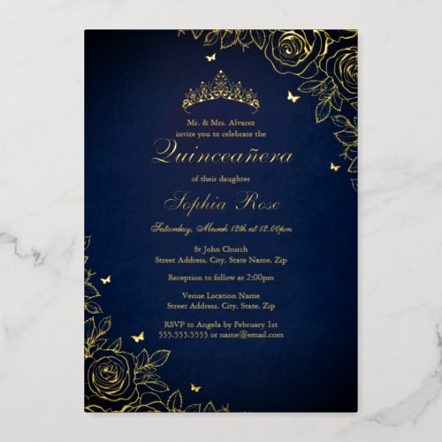 Gold Foil Rose Navy Quinceanera Birthday  Foil Invitation
