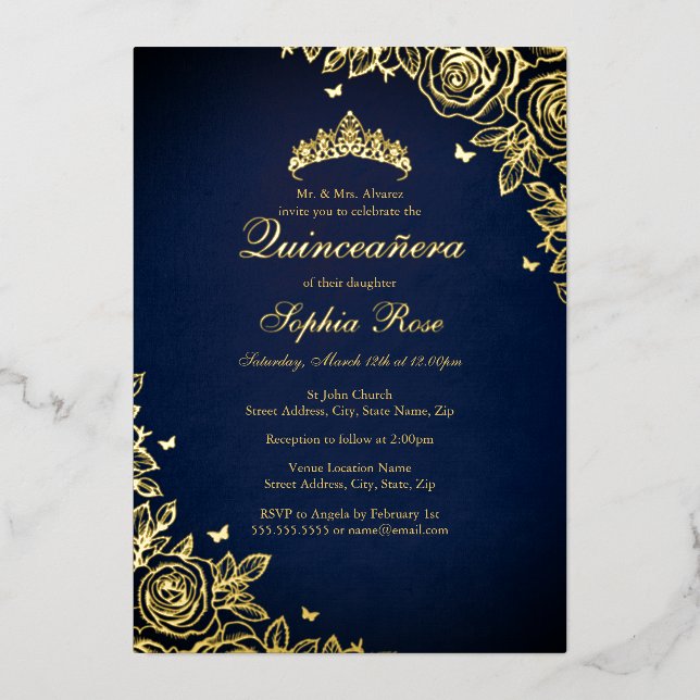 Gold Foil Rose Navy Quinceanera Birthday  Foil Invitation (Front)
