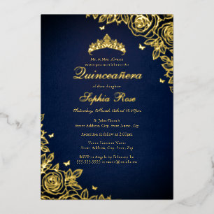 Gold Foil Rose Navy Quinceanera Birthday Invitation
