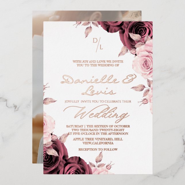 Gold Foil Rose Pink ⎮ Mauve Wedding Photo Invitation (Front/Back)