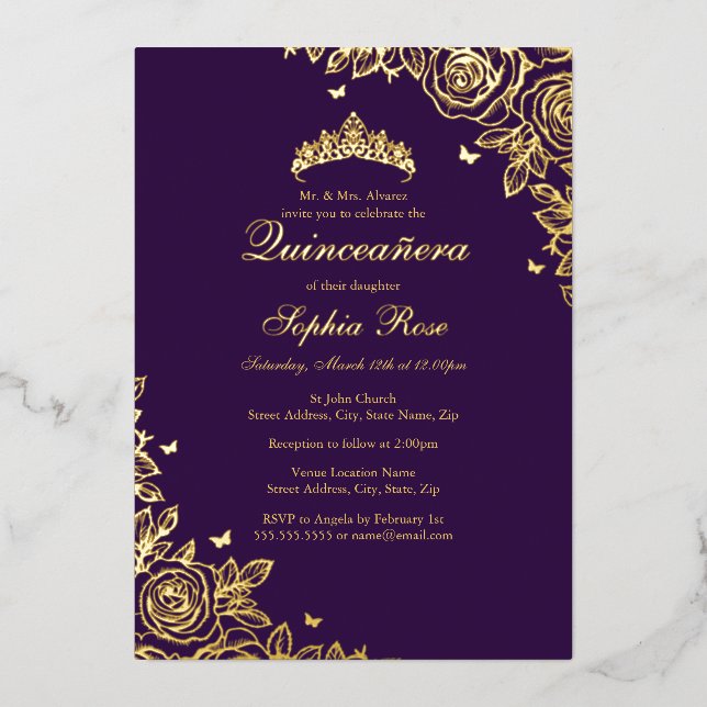 Gold Foil Rose Purple Quinceanera Birthday  Foil Invitation (Front)