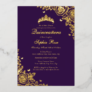 Gold Foil Rose Purple Quinceanera Birthday  Invitation