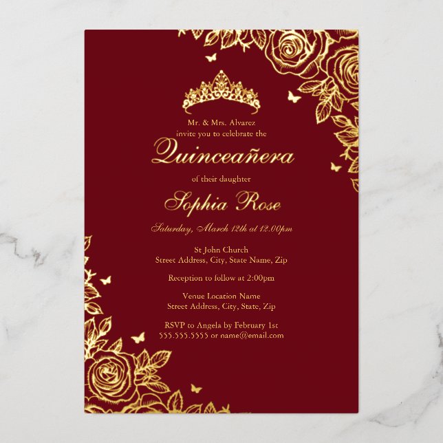 Gold Foil Rose Red Quinceanera Birthday  Foil Invitation (Front)