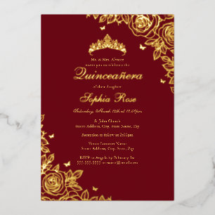 Gold Foil Rose Red Quinceanera Birthday  Invitation