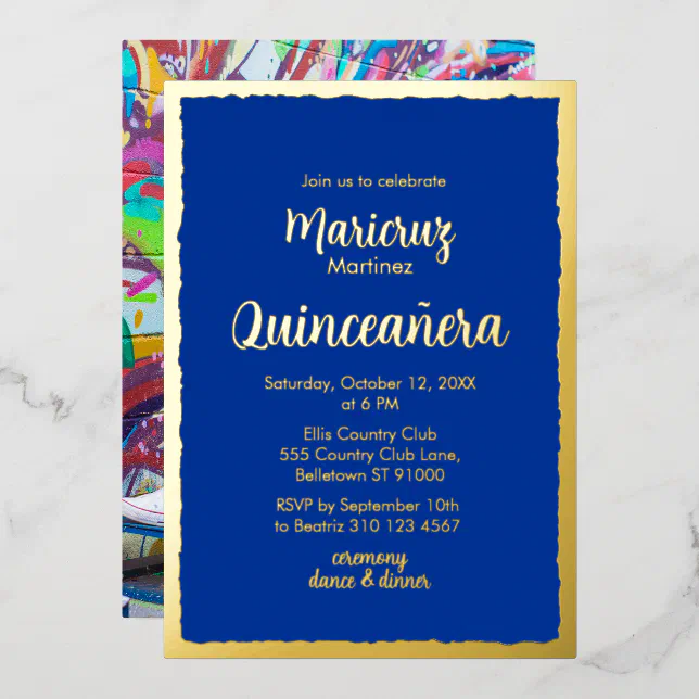 Gold Foil Royal Blue Quinceañera Photo Invitation Zazzle