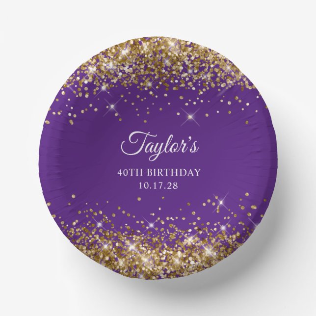Gold Foil Royal Purple 40th Birthday Paper Bowls (Front)