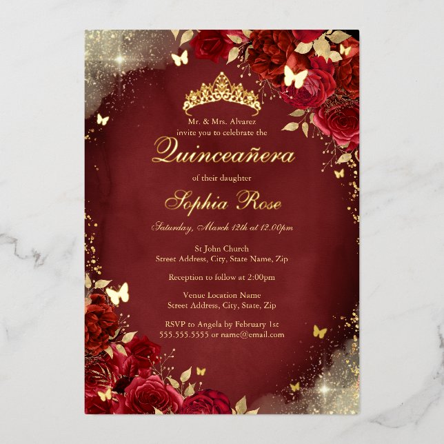 Gold Foil Royal Red Butterfly Floral Quinceanera Foil Invitation (Front)
