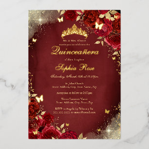 Gold Foil Royal Red Butterfly Floral Quinceanera Invitation