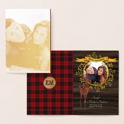 GOLD FOIL Rustic Buffalo Plaid Stag PHOTO Xmas Foil Card