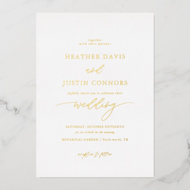 Gold Foil Rustic Calligraphy Photo Wedding Invitation (Front)