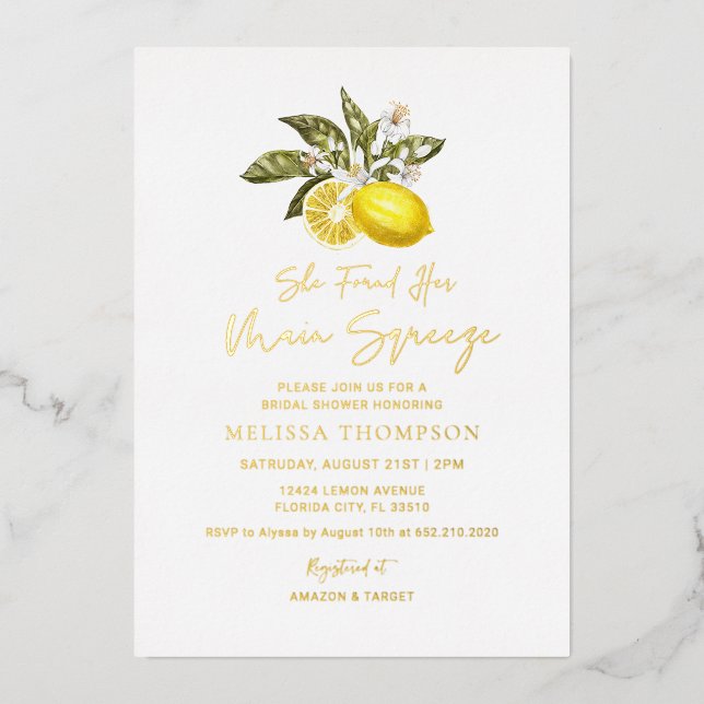 Gold Foil Rustic Citrus Lemon Bridal Shower  Invitation (Front)