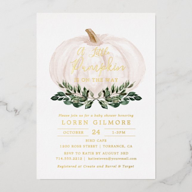 Gold Foil Rustic Little Pumpkin Baby Shower Invitation (Front)