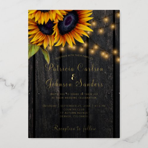 Gold foil rustic sunflowers barn wood wedding foil invitation