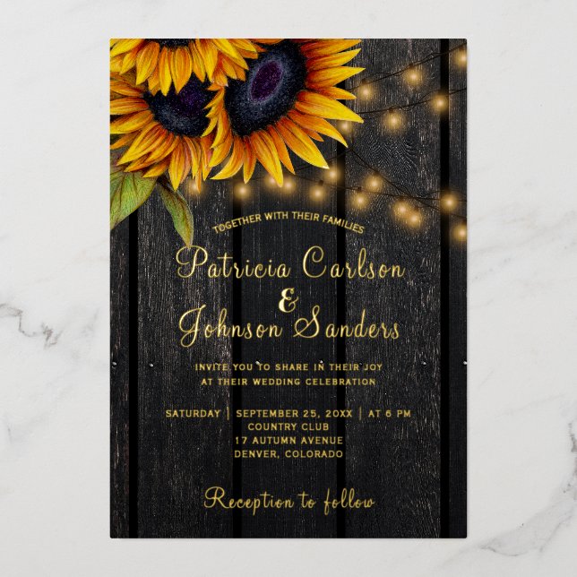 Gold foil rustic sunflowers barn wood wedding foil invitation (Front)