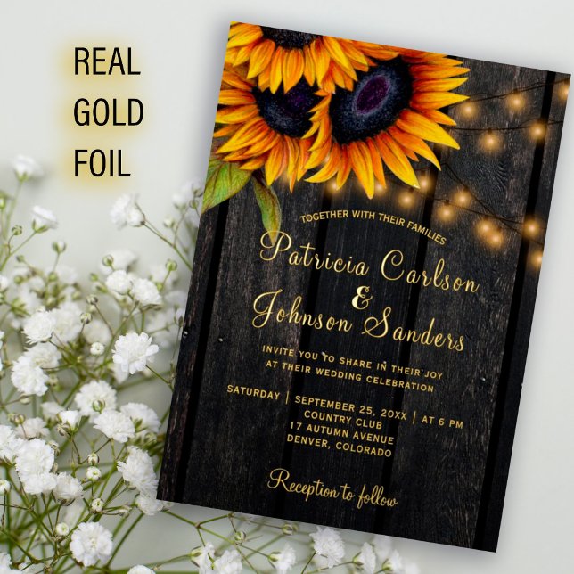 Gold foil rustic sunflowers barn wood wedding invitation (Creator Uploaded)