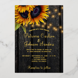 Gold foil rustic sunflowers barn wood wedding invitation