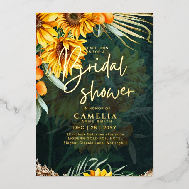 GOLD FOIL Rustic Sunflowers BRIDAL SHOWER QR Code  Foil Invitation (Front)