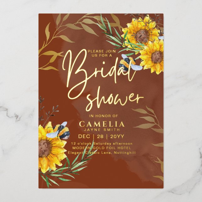 GOLD FOIL Rustic Sunflowers BRIDAL SHOWER QR Code  Foil Invitation (Front)
