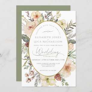 Gold Foil Sage Green Christmas Monogram Wedding Invitation