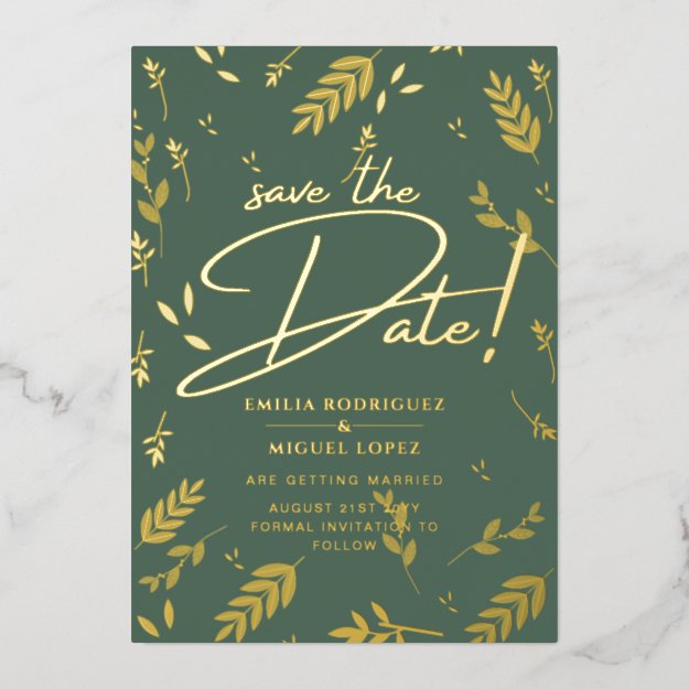 Gold Foil Sage Green Leaves Wedding Dave Date Foil Foil Invitation
