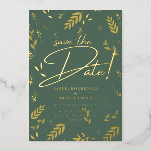 Gold Foil Sage Green Leaves Wedding Dave Date Foil Foil Invitation