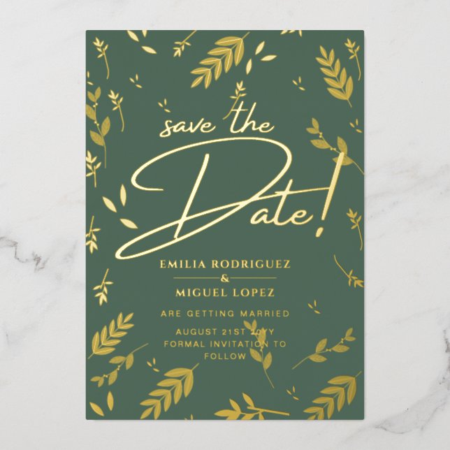 Gold Foil Sage Green Leaves Wedding Dave Date Foil Foil Invitation (Front)