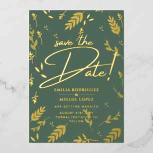 Gold Foil Sage Green Leaves Wedding Dave Date Foil Invitation