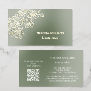 Gold Foil Sage Green Line Art Floral QR Code Spot Gloss Business Cards