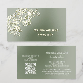 Gold Foil Sage Green Line Art Floral | QR Code Spot Gloss Business Cards