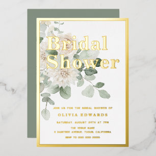 Gold Foil & Sage Green White Floral Bridal Shower  Invitation