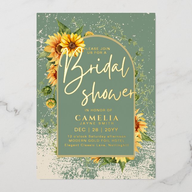 GOLD FOIL Sage Sunflowers BRIDAL SHOWER QR Code Foil Invitation (Front)