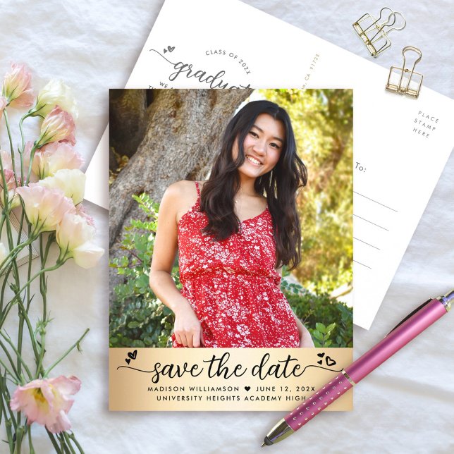 Gold Foil Save Date Graduation Photo Script Hearts Invitation Postcard (Creator Uploaded)
